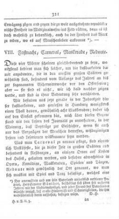 VIII. Fastnacht, Carneval, Maskerade, Redoute.