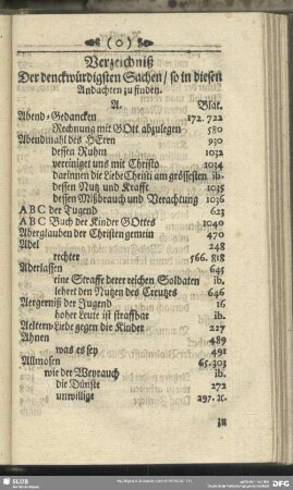 Verzeichniß Der denckwürdigen Sachen, so in diesen Andachten zu finden