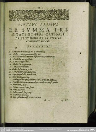 Titulus Primus, Du Summa Trinitate Et Fide Catholica Et Nemo De Ea Publice contendere audeat