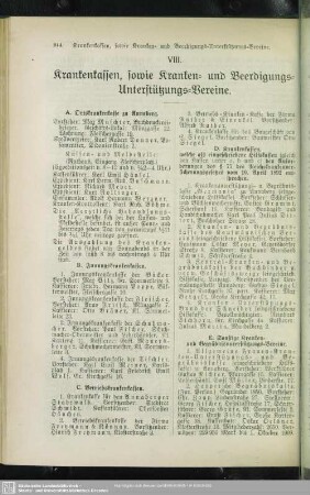 VIII. Krankenkassen, sowie Kranken- und Beerdigungs- Unterstützungs-Vereine