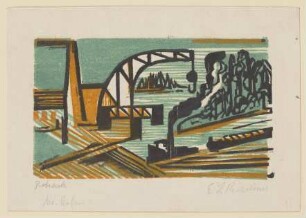 Flusslandschaft mit Kran und Schleppzug
