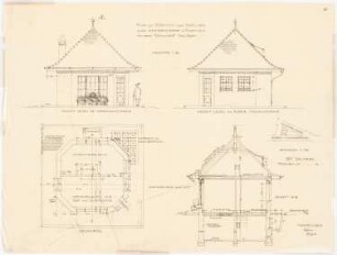 Pavillon, Rosenheim: 2 Ansichten, Grundriss, Schnitt 1:50