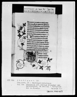 Gebetbuch des Konrad Peutinger — Initiale V (de Sancta Ursula), darin Martyrium der heiligen Ursula, Folio 70verso