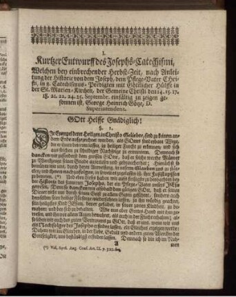 I. Kurtzer Entwurff des Josephs-Catechismi.