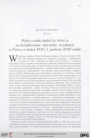 Wpływ sztuki André Le Nôtre'a na kształtowanie otoczenia rezydencji w Polsce w końcu XVII i 1. połowie XVIII wieku