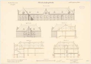 Kavallerie Kasernement, Danzig-Langfuhr Wirtschaftsgebäude: Längsschnitt und Querschnitt, Giebelansicht und Vorderansicht, 1:100