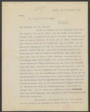 Brief an Ludwig Strecker an B. Schott's Söhne