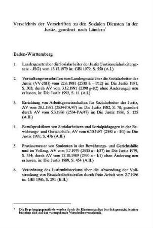 263-276, Verzeichnis der Vorschriften zu den Sozialen Dienste in der Justiz, geordnet nach Ländern
