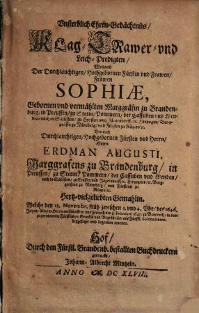 Unsterbliches Ehrengedächtnis auf Sophia Marggräfin zu Brandenburg
