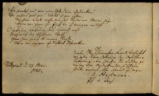 M. Hartmann, Pf. in Asch. Stuttgart, 27.05.1785.
