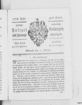 40tes Stück., Ausgabe vom 7. Oktober 1778