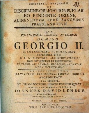 Diss. inaug. de discrimine obligationis, et ab eo pendente ordine, alimentorum iure sanguinis praestandorum