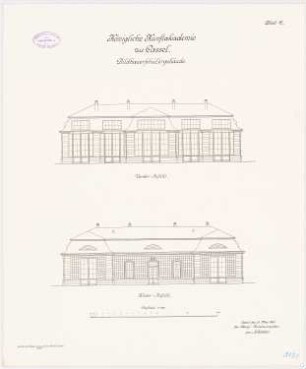 Kunstakademie, Kassel Bildhauerschülergebäude: Vorderansicht, Hinteransicht 1:100
