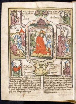 (1) Propheten-Brustbilder; (2) Antitypus: Dornenkrönung Christi; Typen: (3) Ham verspottet Noah; (4) Verspottung Elisas