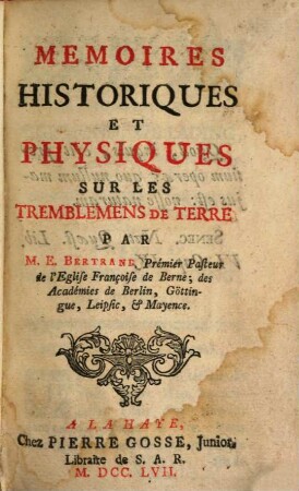 Memoires ... sur les Tremblemens de Terre
