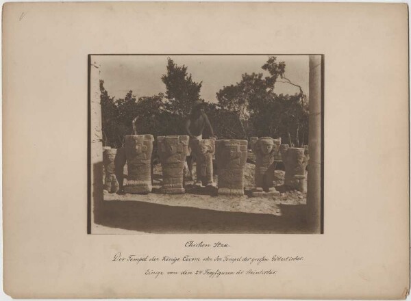 "Excavation by Teobert Maler. The Temple of the Kings Cocom or Temple of the Great Table of the Gods. Some of the 24 supporting figures of the stone table."