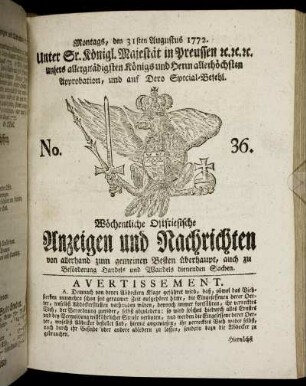 No. 36. Montags, den 31sten Augustus 1772.