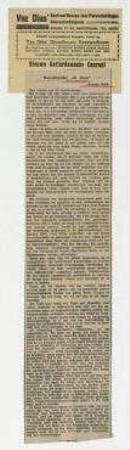 Kunsthandel "De Bron" Hannah Höch. Nieuwe Rotterdamsche Courant, Rotterdam, 22.5.1929 [Nr. 140]. Rezension der Ausstellung von Hannah Höch in der Galerie De Bron, Den Haag, 11. Mai - 7. Juni 1929. Anbei: Belegzettel des Ausschnittbüros "Vaz Dias [...]", mit Stempel: "22 Mei 1929".