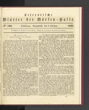 No 892. Hamburg. Sonnabend, den 8. Februar. 1834.: No. 892, Hamburg. Mittwoch, den 8. Februar. 1834.