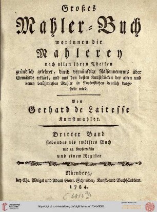 7./12. Buch: Des ... Gerhard de Lairesse ... grosses Mahler-Buch: worinnen die Mahler-Kunst ... gelehret, durch Beweißthümer und Kupfferstiche erkläret, auch mit Exempeln aus den besten Kunst-Stücken [...]
