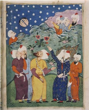 Muhammad spaltet den Mond, fol. 14b (Seite 74) : Muhammad spaltet den Mond, fol. 14b (Seite 74). Deckfarben; 55,2 x 41,5 cm . 1594/1700. Aus: Falnameh. Dresden: SLUB Mscr.Dresd.Eb.445