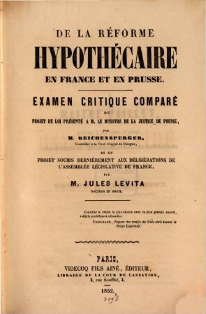 De la réforme hypothécaire en France et en Prusse