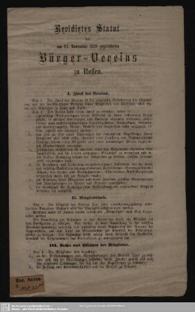 Revidirtes Statut des am 23. November 1839 gegründeten Bürger-Vereins zu Nossen