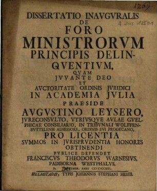 Dissertatio Inauguralis De Foro Ministrorum Principis Delinquentium