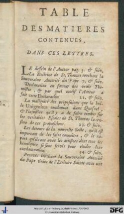 Table Des Matieres Contenues, Dans Ces Lettres.