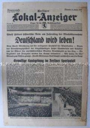Tageszeitung "Berliner Lokal-Anzeiger" zur Rede von Hitler im Sportpalast anlässlich des Jahrestages der Regierungsübernahme 1933