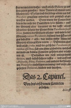 Das 2. Capittel. Von des erschienen Cometen ursachen.