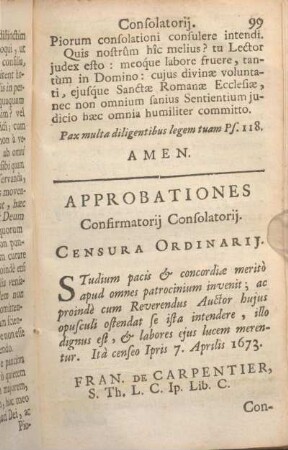 Approbationes Confirmatorij Consolatorij. Censura Ordinarij.