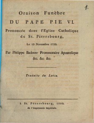 Oraison Funèbre du Pape Pie VI.