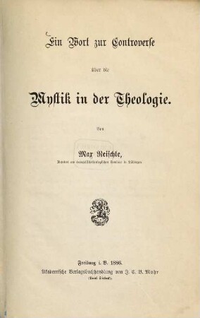 Ein Wort zur Controverse über die Mystik in der Theologie