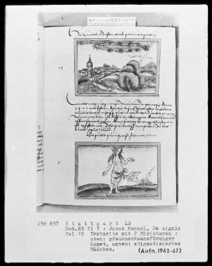 Jacobus Mennel, De signis portentis atque prodigiis — Textseite mit zwei Miniaturen, Folio 15recto