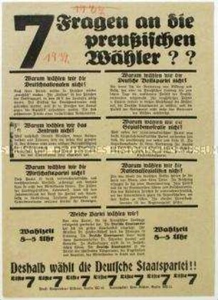 Aufruf der Deutschen Staatspartei zur preußischen Landtagswahl 1932
