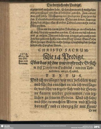 Die 14. Predigt. Uber das schöne und trostreiche Gesichte des Propheten Ezechielis, von den Todtenbeinen, am 37. Capitel
