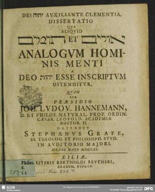 Dissertatio Qua Aliquid ... Et ... Analogum Hominis Menti A Deo ... Esse Inscriptum Ostenditur
