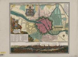 Stadtplan und Ansicht von Berlin, ca. 1:8 000, Kupferst., 1760 : Berlin : die Praechtigst. u. maechtigste Hauptstatt deß Churfürstenthums Brandenburg, auch Residenz deß Königes in Preußen und florissanter Handels-Plaz ; Cum Grat. et Pr. S. R. I. Vicariatus, in part. Rheni, Sueviae et Iuris Franconici / verfertigt und verlegt von Tobias Conrad Lotter Geographus in Augsburg. - [Ca. 1:8 000]. - Augsburg : Tobias Conrad Lotter , [um 1760]. - 1 Kt. : kolor. Kupferst. ; Gesamtgr. 57 x 50 cm
