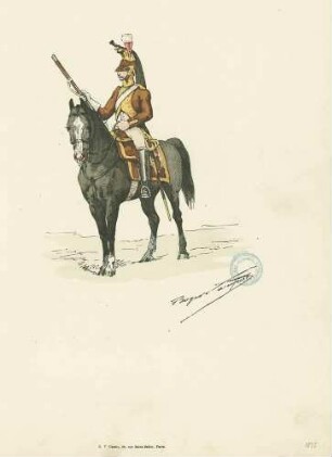Reiter mit rot-gelbem Waffenrock und weissem Gurt, Zierhelm, weisse Hose und schwarzen Stulpenstiefeln, aufgestützte Muskete, Jahr 1815, Vorderansicht