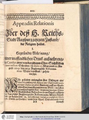 Appendix Relationis ber d h. Reichs Stadt Augsburg jetzigem Zustand/ der Religion halber