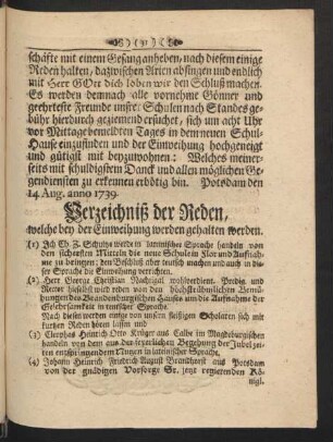 Verzeichniß der Reden, welche bey der Einweihung werden gehalten werden.