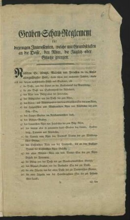 Graben-Schau-Reglement für diejenigen Interessenten, welche mit Grundstücken an die Dosse, den Rhin, die Jäglitz oder Glintze grenzen : [Gegeben Berlin den 23. März 1793]