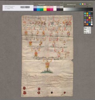 16er-Wappenahnentafel der Maria Franziska Reichserbtruchsessin zu Waldburg, Zeil und Trauchburg. Bestätigt durch Ludwig Philipp Pfalzgraf bei Rhein, Wilhelm Markgraf zu Salm, Erbgraf zu Oettingen, Hermann Egon zu Fürstenberg, Heiligenberg und Wassenberg, Franz Christoph Graf zu Fürstenberg Heiligenberg und Wassenberg, Johann Graf zu Monfort. Mit den 6 Unterschriften. 6 aufgedrückte Siegel (von 6) erhalten.