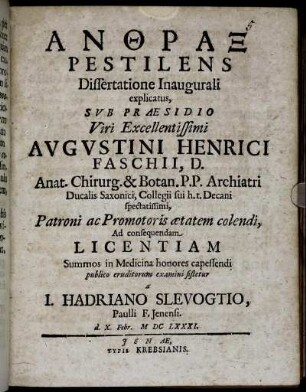 Anthrax Pestilens Dissertatione Inaugurali explicatus