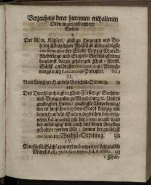 Verzeichnis derer hierinnen enthaltenen Ordnungen und andern Sachen.