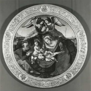 Die Heilige Familie mit zwei Engeln : Piero di Cosimo: Die Heilige Familie mit zwei Engeln. Um 1490-1500. Pappelholz; Durchmesser 165 cm. Dresden: Gemäldegalerie Alte Meister 20