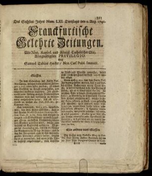 Num. LXI. Dienstags den 1. Aug. 1741 - Num. LXX. Freytags den 1. Sept. 1741
