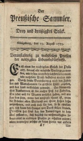Drey und dreißigstes Stück. Königsberg, den 19. August 1773.
