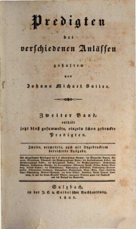 Johann Michael Sailer's sämmtliche Werke. 35, Schriften für Erbauung: Predigten bei verschiedenen Anlässen ; 2